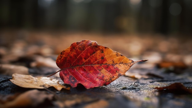 A red leaf lies on the ground in the woods.