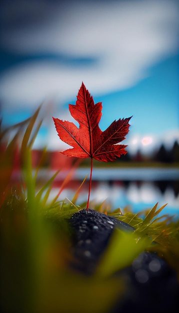 Red leaf sitting on top of a rock next to a body of water generative ai