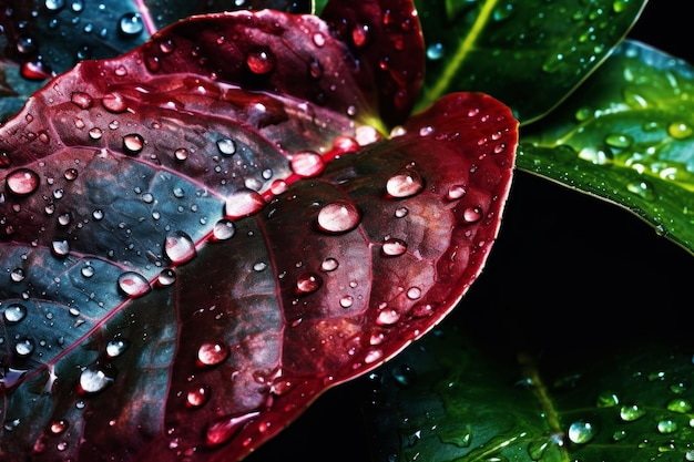 A red leaf with water droplets on it