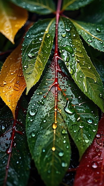 A red leaf with water drops on it ai generated