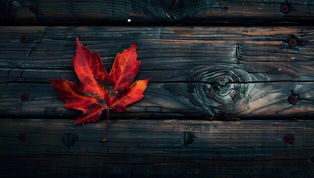 Photo a red leaf on a wooden table