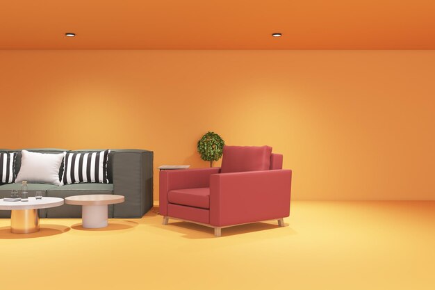 Photo red leather armchair in modern office waiting are with orange floor and walls and stylish sofa with striped pillows