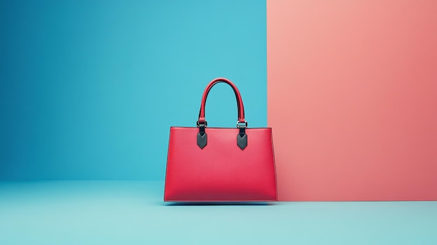 a red leather handbag with a pink background