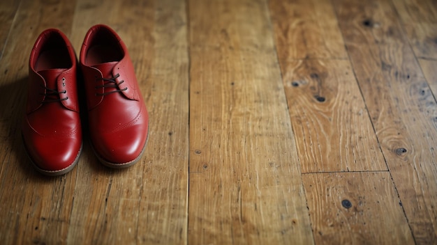 Red leather shoes stand on the light wooden floor