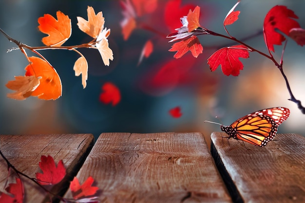 Red leaves and butterfly in the autumn forest