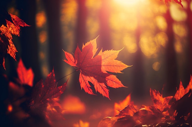 Red Leaves Falling In Forest, Defocused Autumn Background With Sunlight