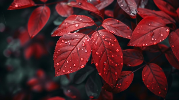 Red leaves with water drops macro photography closeup dark background nature concep tcopy space