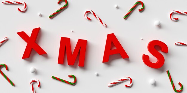 Red letters XMAS with Christmas decoration 3d rendering