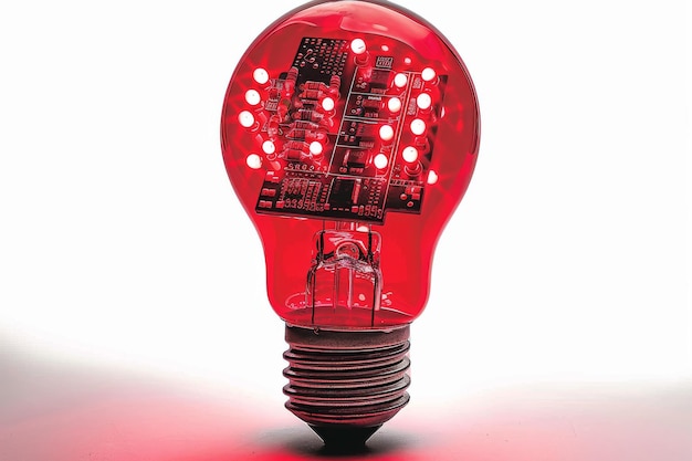 Photo red light bulb with electronic components symbolizing technological innovation and connectivity in