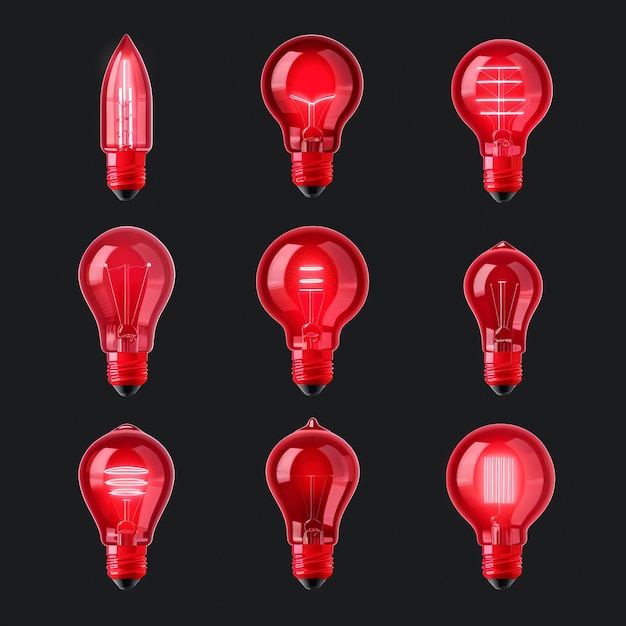 Photo red light bulbs lamp icon set lightbulbs isolated render style minimal light bulbs creativity idea