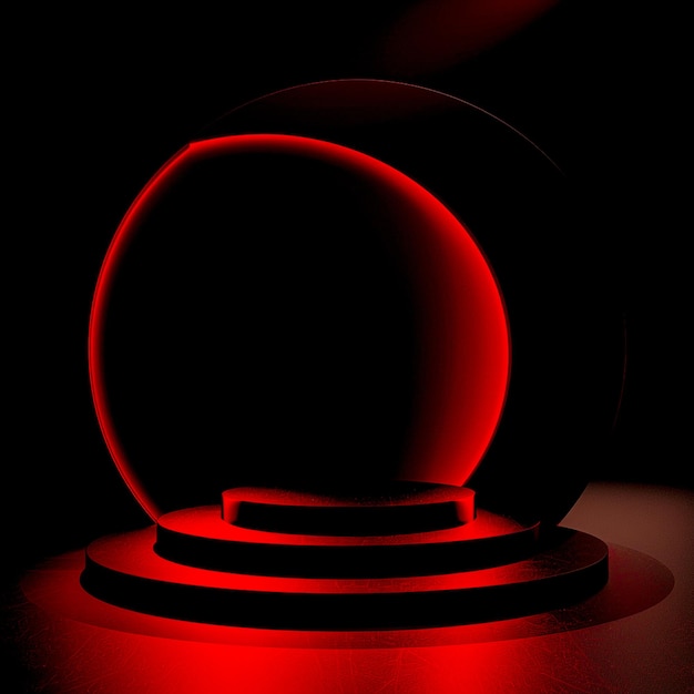 Red light glowing Luxury round podium stand neon light and black background for mock up 3D rendering