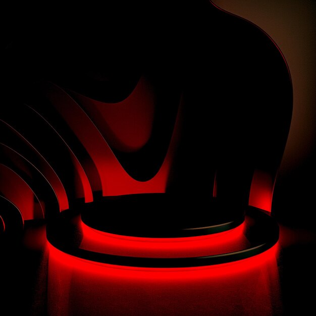 Red light glowing Luxury round podium stand neon light and black background for mock up 3D rendering