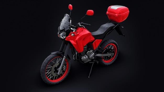 Red lightweight touristic enduro motorcycle on black 3d illustration