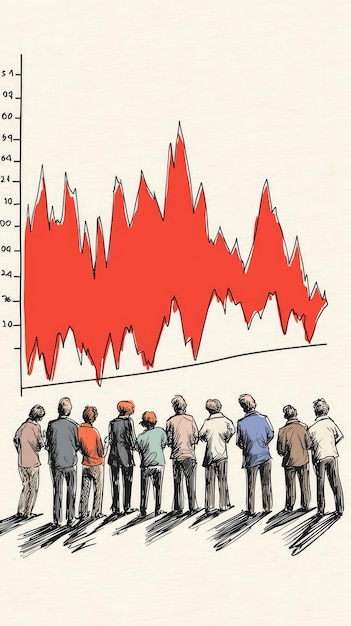 Photo the red line a financial downturn and the worried faces of investors