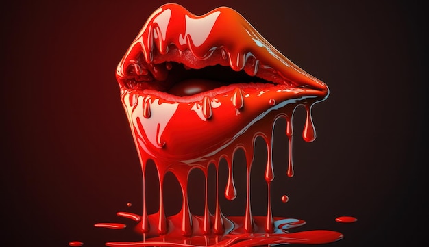 A red lip with dripping red paint dripping down it.