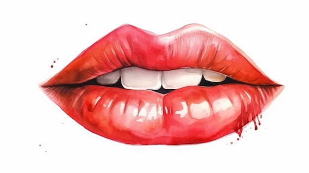 Red lips isolated on white background Realistic watercolor drawinggenerative ai