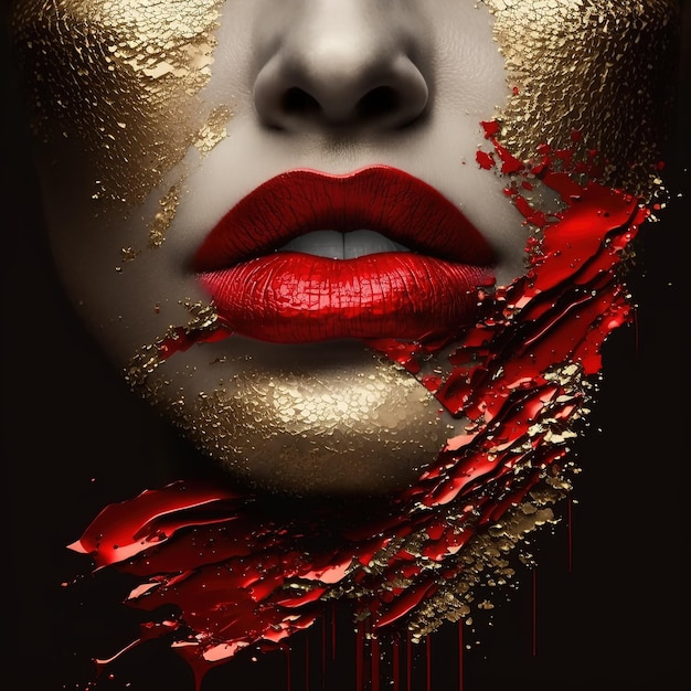 Red lips with red shimmer female face with pulling gold Generative AI