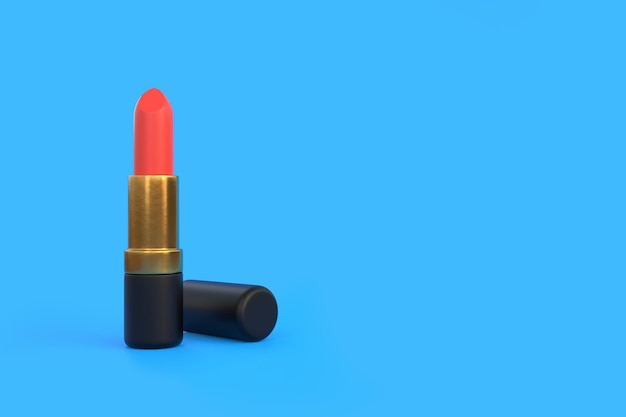 Red lipstick closeup on blue background Women's cosmetics for professional makeup 3D render