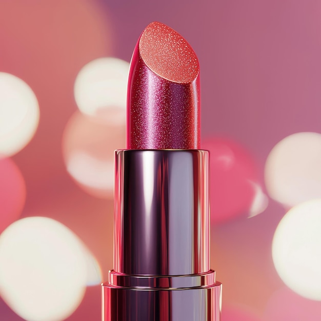 Red lipstick on metallic base with floating spheres minimalist pink backdrop