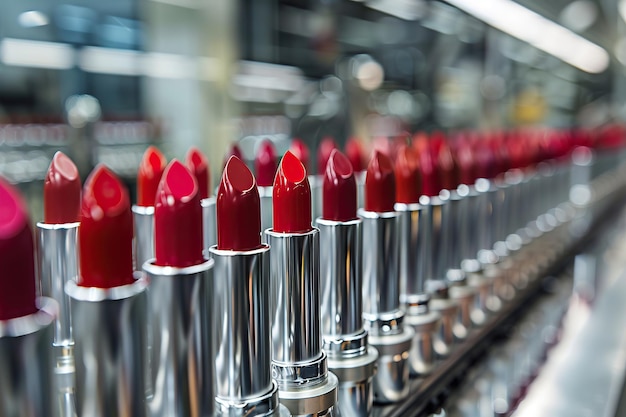 Photo red lipstick production line a glimpse into the world of beauty