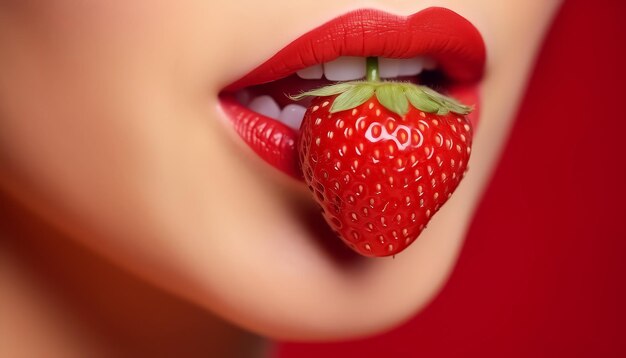 Red lipstick and snowwhite teeth hold strawberries