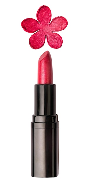 Red lipstick with a lipstick flower shape stroke isolated on a white background. Cosmetics concept