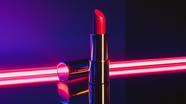 Photo a red lipstick with a purple light behind it