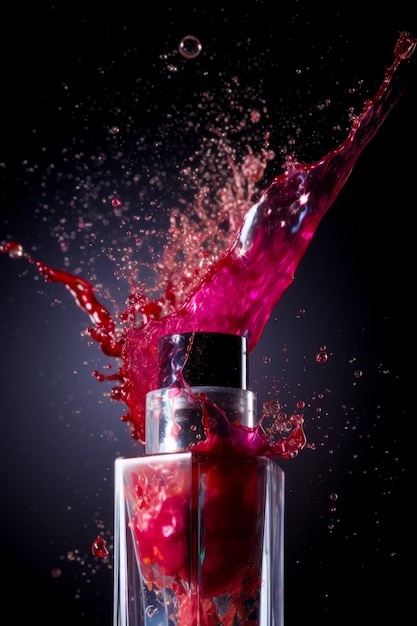 Red liquid splashing out of glass bottle on black background Generative AI