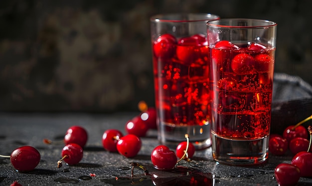 red liquid with cherry pieces in them