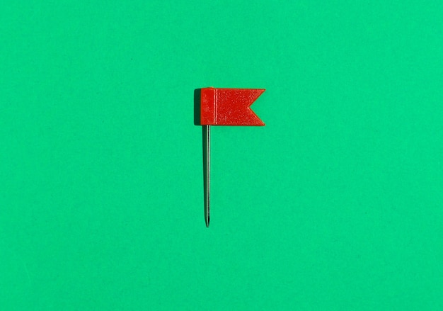 Red little flag pin on a green background. View from above .