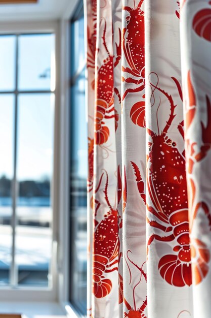 Photo red lobster pattern on white curtain with winter landscape outsi