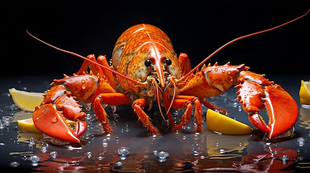 Red lobster on a wooden cutting board with parsley and lemon generative ai