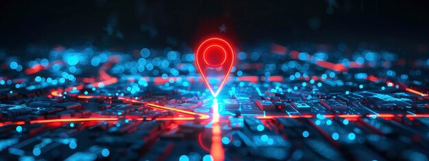 A red location pin icon sits atop an illuminated map surrounded by blue lights and digital lines