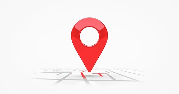 Red location symbol pin icon sign or navigation locator map travel gps direction pointer and marker place position point design isolated on white graphic road mark destination background. 3D render.