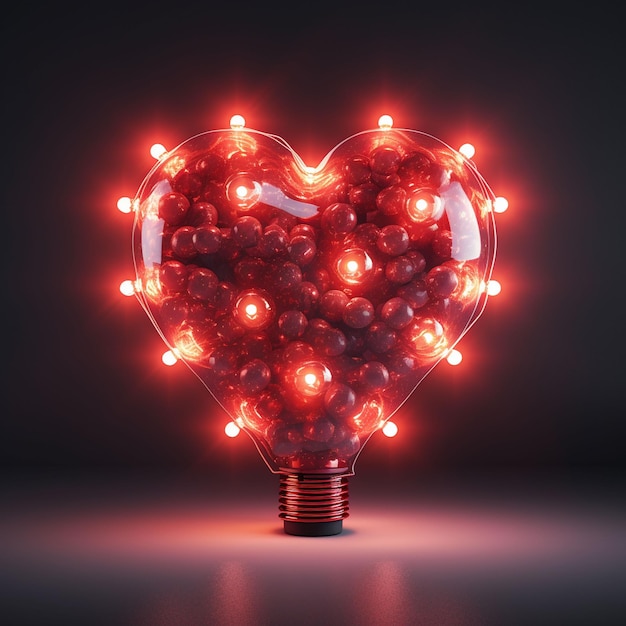 red love heart shape with glowing lightbulbs around the edge 3d