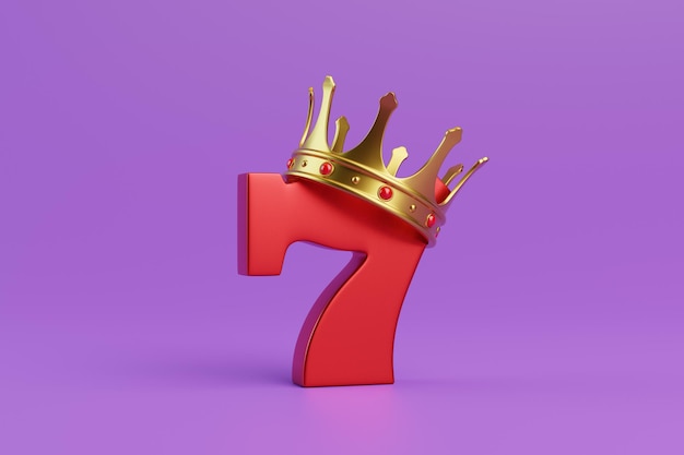 Red lucky seven with a gold crown on a purple background Casino symbol 3D render illustration