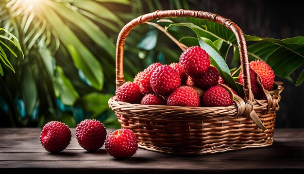 Red lychee fruit placed in a basket