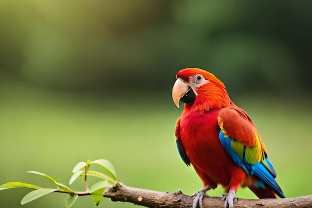 A red macaw sits on a branch.