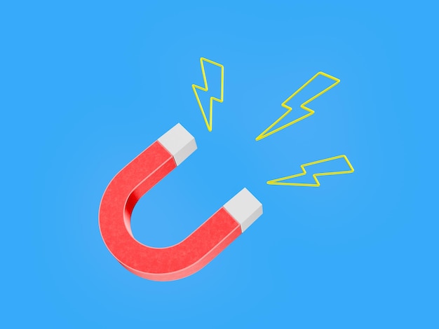 Red magnet with yellow lightning symbols on a blue isolated background