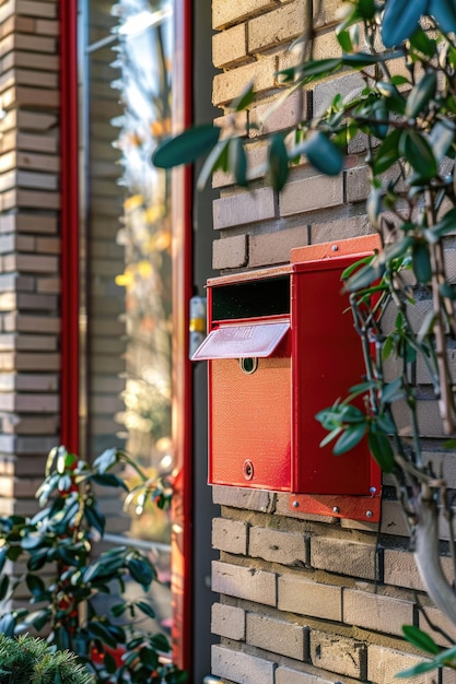 Photo a red mailbox sitting on the side of a brick building ideal for use in urban or rustic themed images