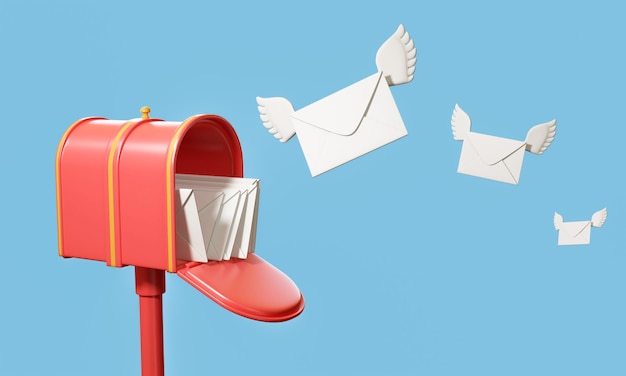 Red mailbox with flying envelope mail delivery and newsletter concept 3d render illustration