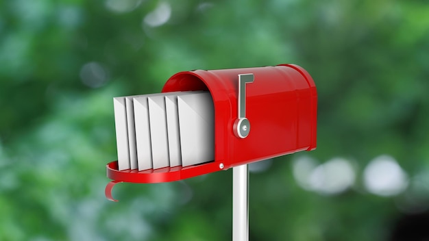 Red mailbox with letters onabstract green outdoors background