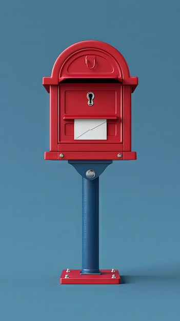 Red mailbox with mails on blue background 3D render