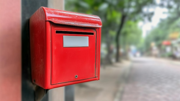 Photo a red mailbox with a white sticker on it