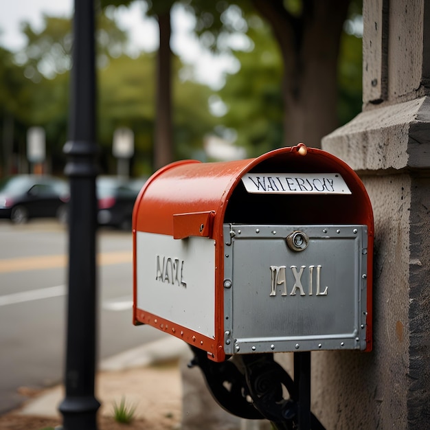 Photo a red mailbox with the word gucci on it