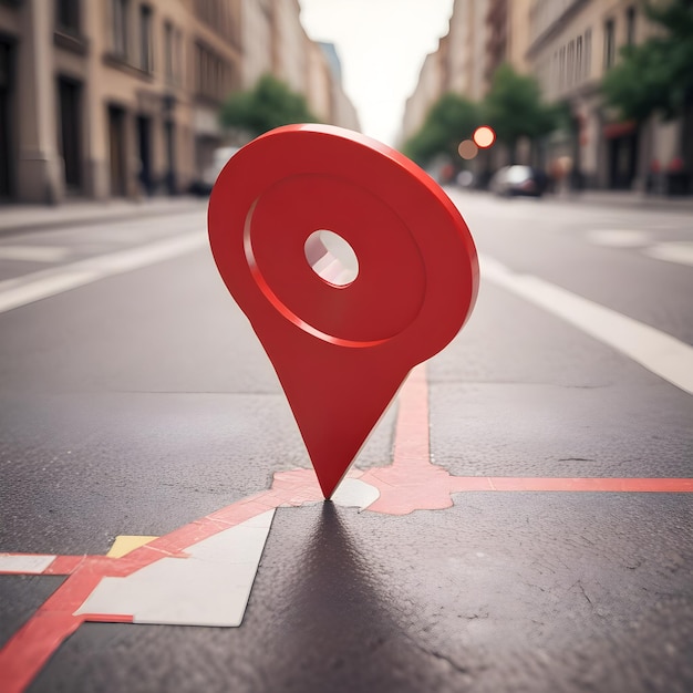 A red map pin on a city street representing navigation