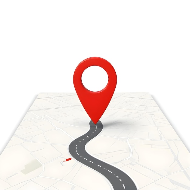 A red map pin on a winding road representing navigation