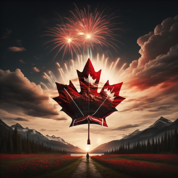 A red maple leaf with fireworks in the background