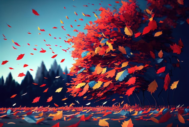 Red maple leaves in the wind with landscape background Autumn and fall seasonal concept Digital art illustration Generative AI