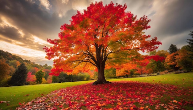 Red maple tree ablaze with vibrant autumn colors with a carpet of fallen leaves at its base